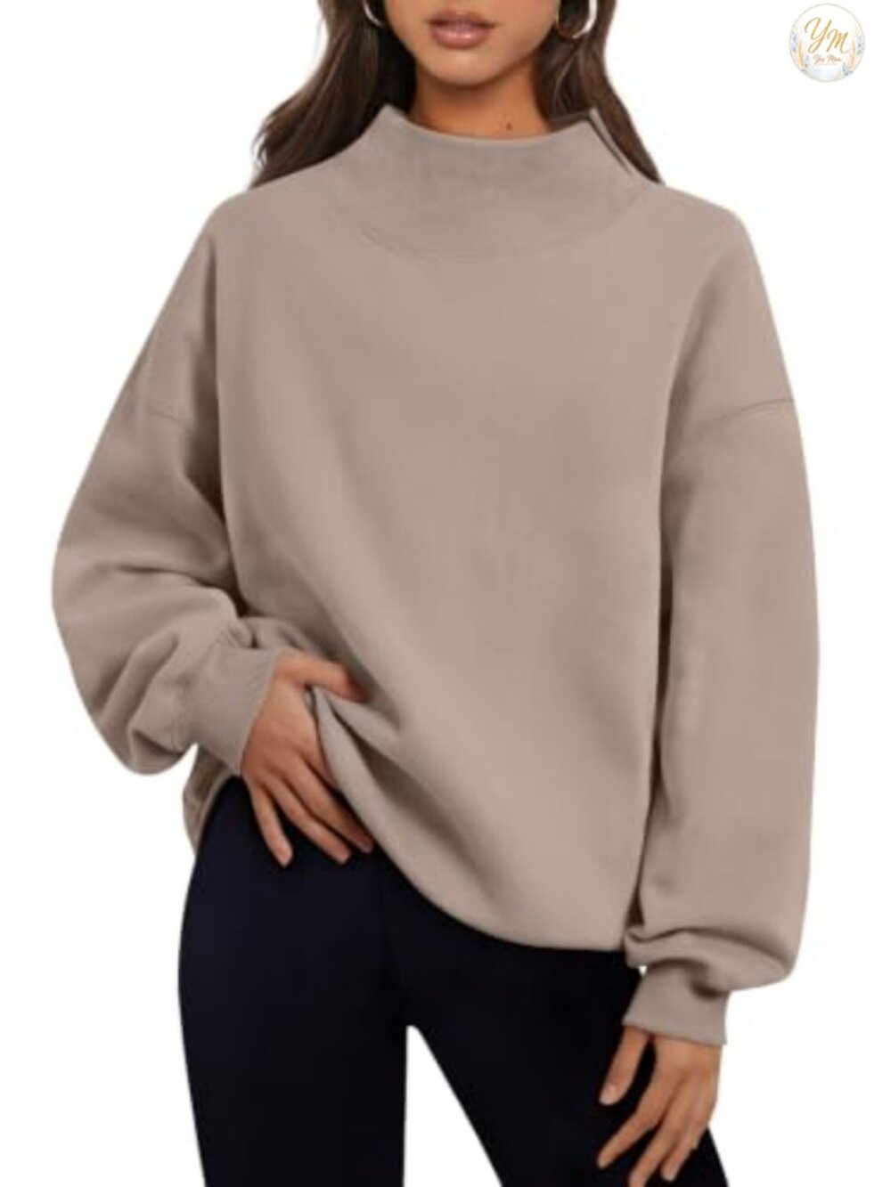Oversized Mock Neck Sweatshirt with Asymmetric Slit Pullover Fleece